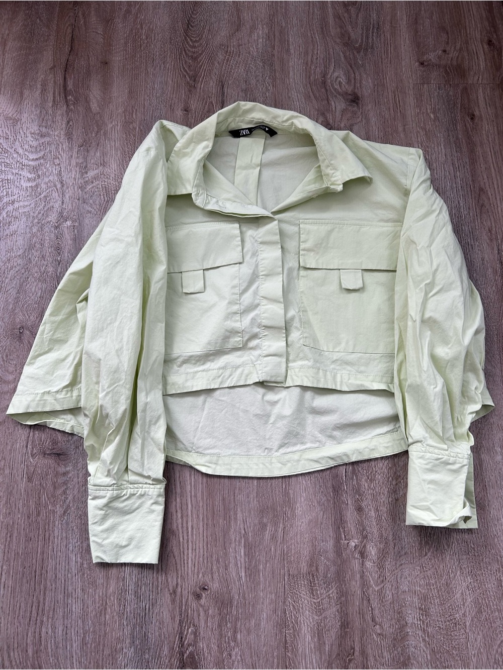 Zara Pale Green Cropped Utility Blouse Button Down Top Oversized